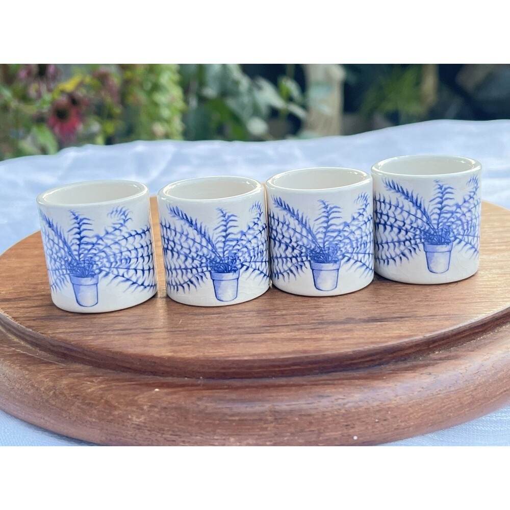 Gorgeous 1960s Blue White Porcelain Fern Napkin Rings Set of 4 Botanical Vintage